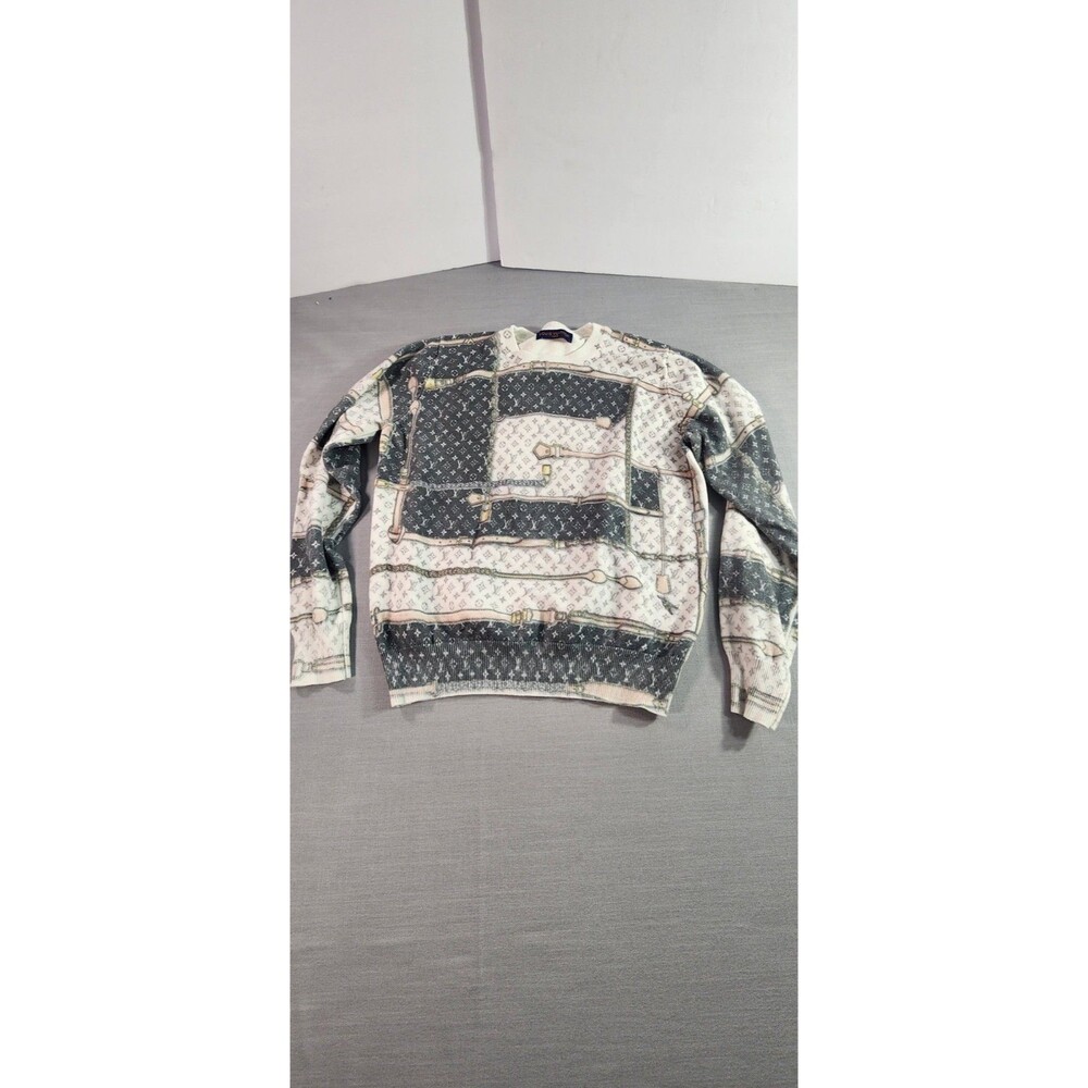 Designer-Style Monogram Print Crewneck Sweater Belt Pattern Knit Top Size S - Picture 4 of 8